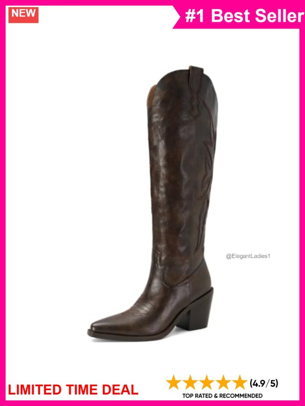 Faux Leather Cowgirl Boots Knee High Western Pointed Toe Block Heel